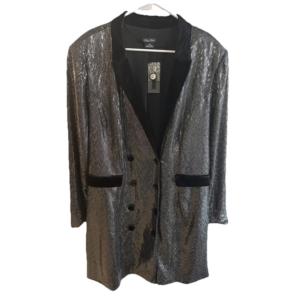 NWT City Chic Silver Sequin Black Belvet Trim Long Tuxedo Jacket New W Tags L